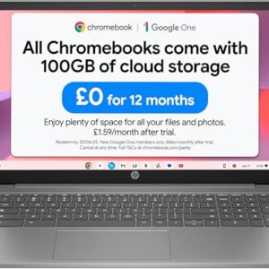 HP Chromebook 15.6" | Intel N100 Processor | 4 GB RAM | 128 GB Flash Storage | Intel UHD Graphics | HD Display | Up to 11.5 Hours Battery | Chrome OS | Dual Speakers | Mineral Silver | 15a-nb0005sa